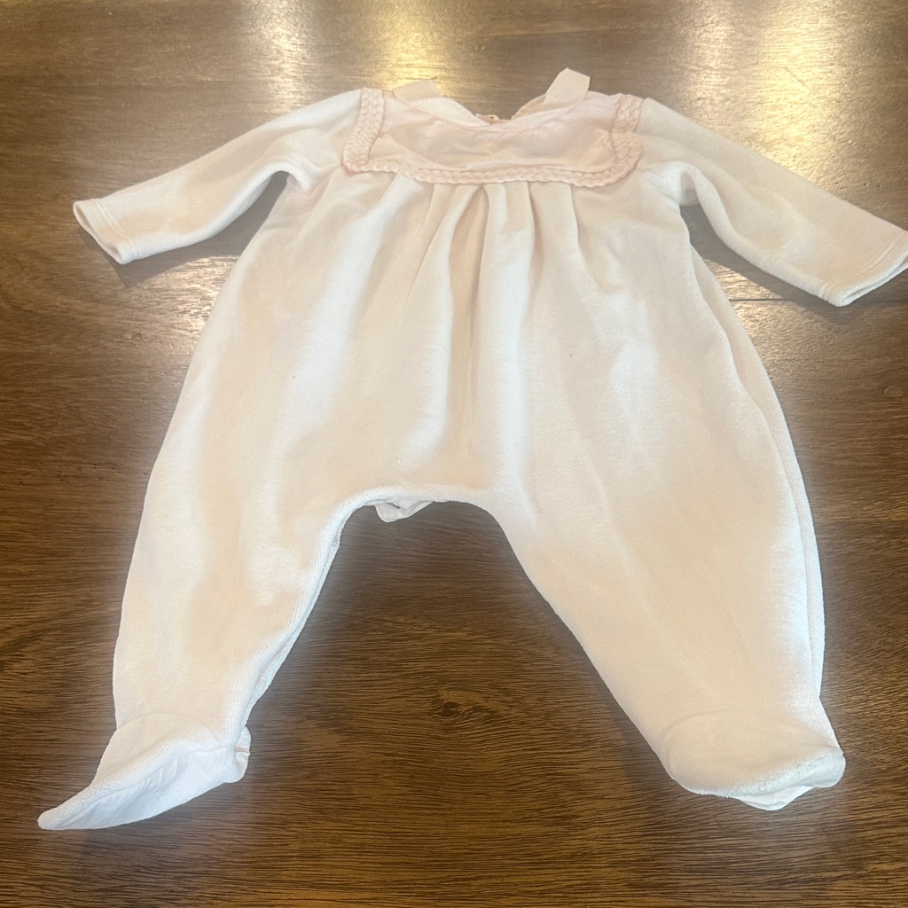Chloe White Footed Baby One-Piece With Pale Pink Trim